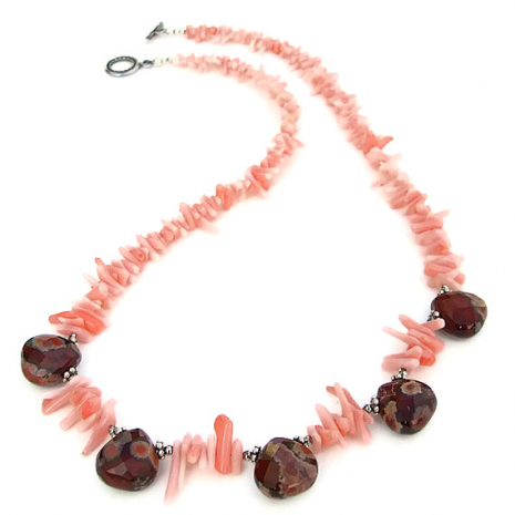 gemstone jewelry handmade beach necklace apple jasper pink coral