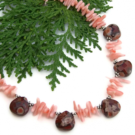 gemstone necklace handmade beach jewelry apple jasper pink coral