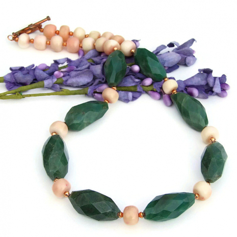 green aventurine and peach coral necklace for women