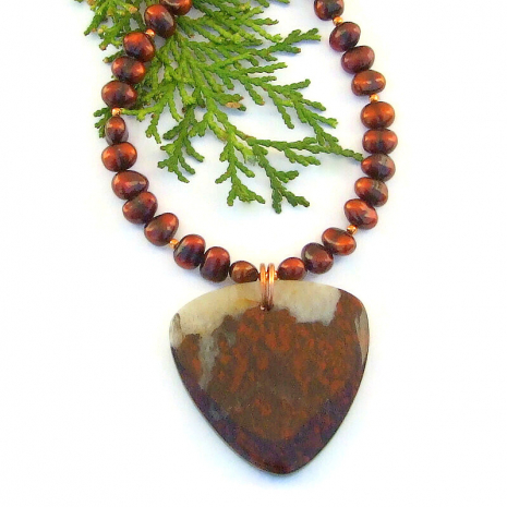 gemstone necklace handmade red poppy jasper pearls