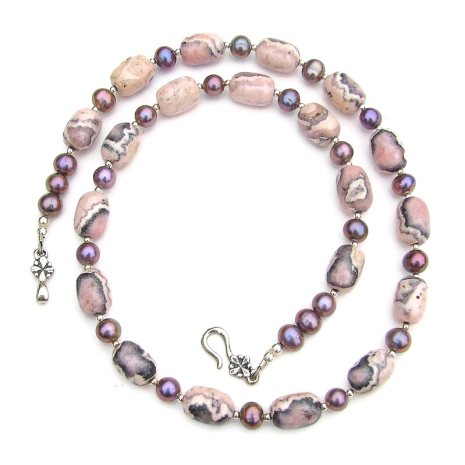 gemstone necklace handmade rhodochrosite pearls gift for her