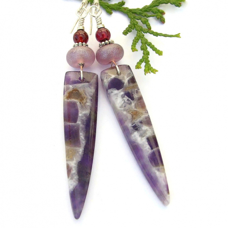 gemstone spike earrings chevron amethyst lampwork red garnet