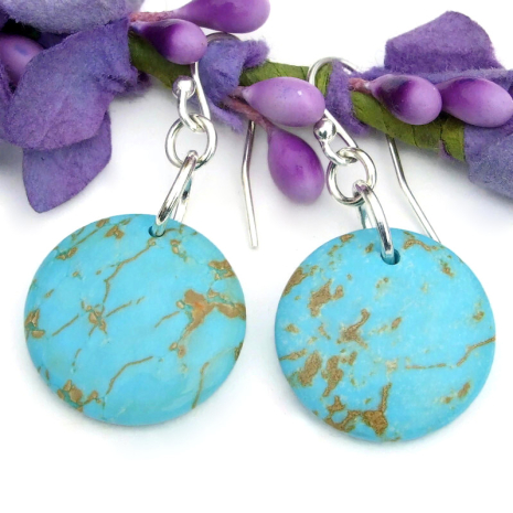 gemstone turquoise magnesite earrings sterling silver handmade round coins