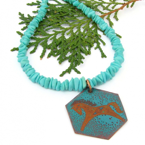 genuine Kingman turquoise jewelry with enamel horse necklace