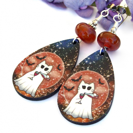 ghost cat pouring wine halloween earrings handmade sublimated wood moon bats