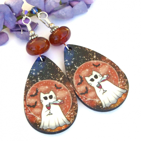 ghost cat pouring wine halloween jewelry handmade sublimated wood moon bats