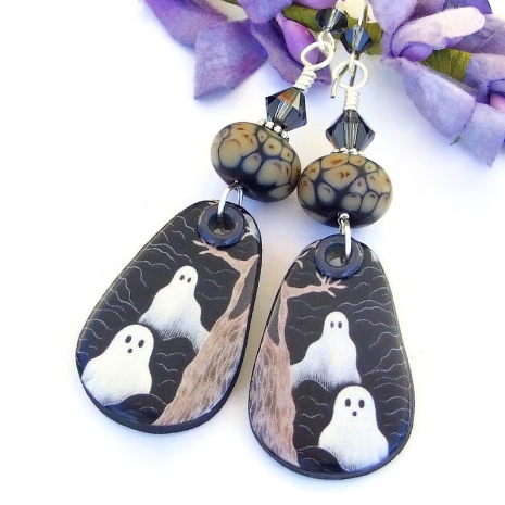 ghosts halloween handmade earrings ceramic lampwork glass crystals