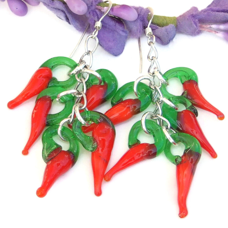 glass chile ristra earrings handmade lampwork red green
