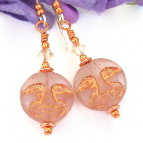 glass man in the moon handmade earrings blush pink copper swarovski crystals