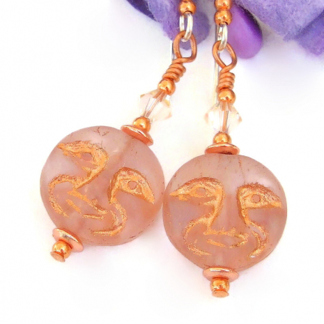 glass man in the moon handmade jewelry blush pink copper swarovski crystals