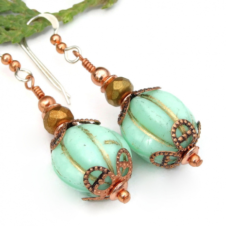 glass mint green earrings melon beads copper vintage look handmade