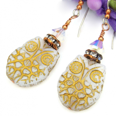 glass owl earrings opaline white gold crystals