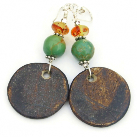 glazed back side of horses hearts earrings handmade rustic ceramic