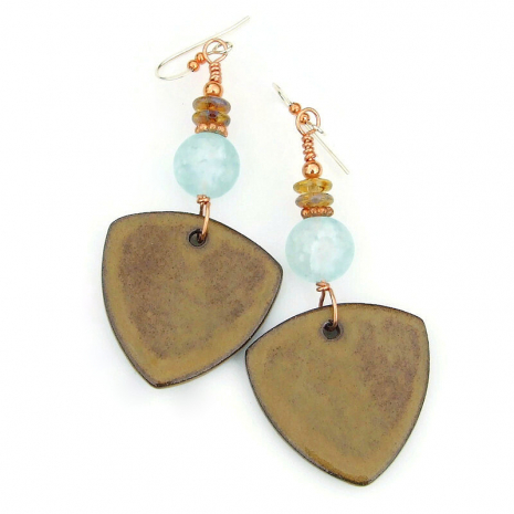glazed brown back side of handmade shield earrings