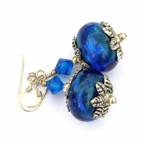 glowing blue lampwork glass jewelry swarovski crystals