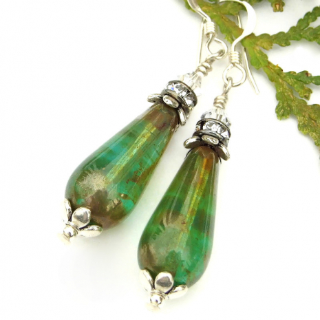 glowing green teardrop earrings swarovski crystals