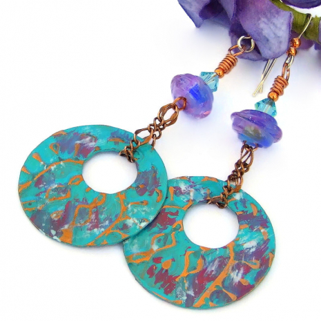 gogo hoop earrings aqua purple burgundy red jewelry lampwork Swarovski crystals