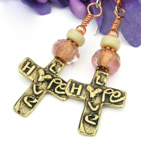 gold bronze cross earrings handmade hope love