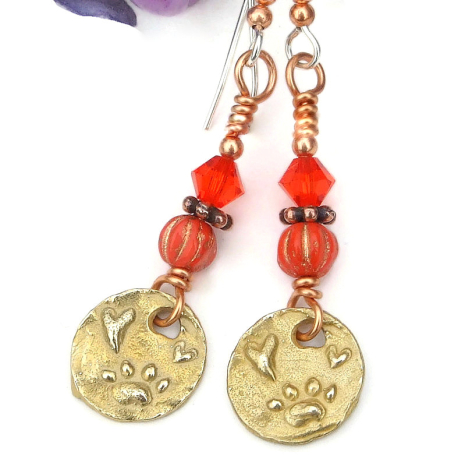 gold bronze dog lover jewelry hearts paw prints orange swarovski crystals