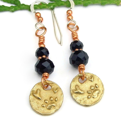 gold bronze dog paw prints hearts earrings handmade black onyx