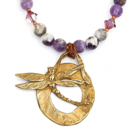 gold bronze dragonfly pendant necklace gift for her