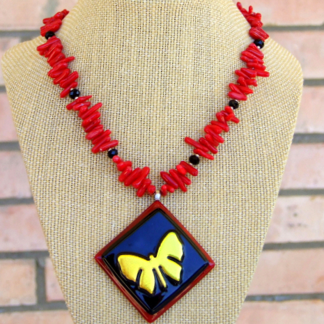 golden dichroic butterfly pendant necklace red coral black onyx