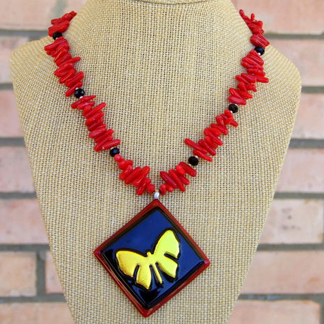golden dichroic butterfly pendant necklace red coral black onyx