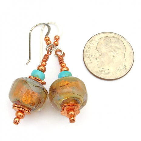 golden opal lampwork earrings real turquoise copper