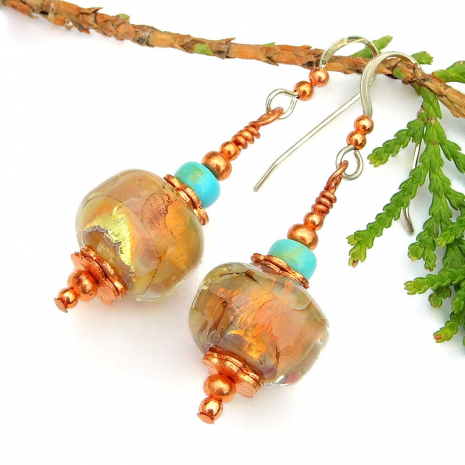 golden sunshine opal lampwork earrings real turquoise handmade