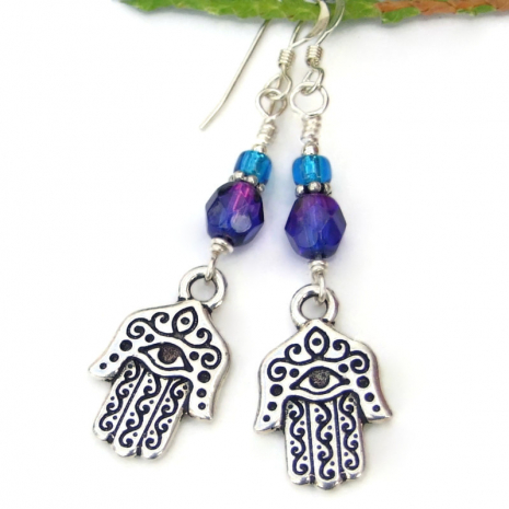good luck hamsa hand earrings handmade purple aqua silver