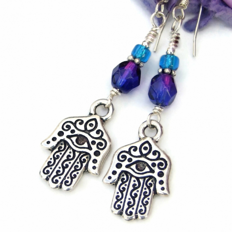 good luck hamsa hand jewelry handmade purple aqua silver