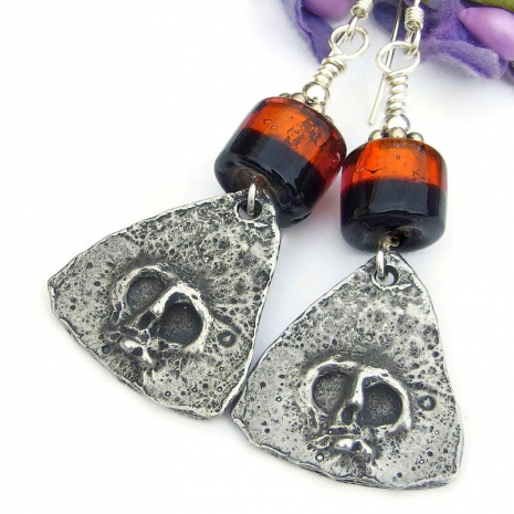 goth skull earrings halloween orange black spooky handmade jewelry