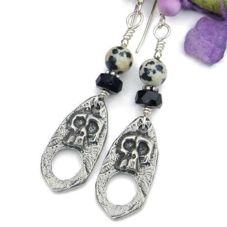 goth skull earrings handmade halloween day of the dead jasper onyx