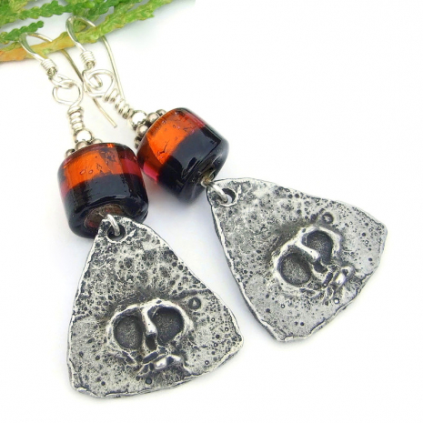 goth skull earrings handmade halloween orange black