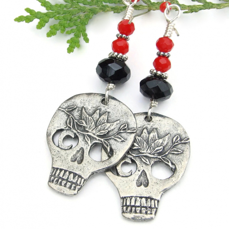 goth skull halloween earrings moon ivy lotus symbolic handmade jewelry black red