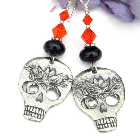 goth skull handmade earrings halloween black lampwork orange swarovski crystals