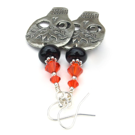 goth skull handmade jewelry halloween black lampwork orange swarovski crystals