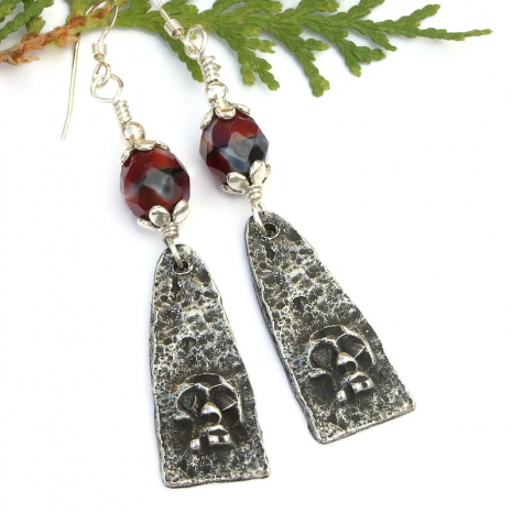 goth skull jewelry halloween day of the dead earrings pewter czech glass