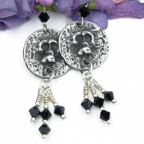 goth skull pewter earrings handmade halloween black swarovski crystals