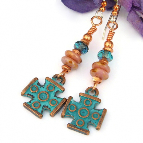 greek cross charm earrings turquoise pink