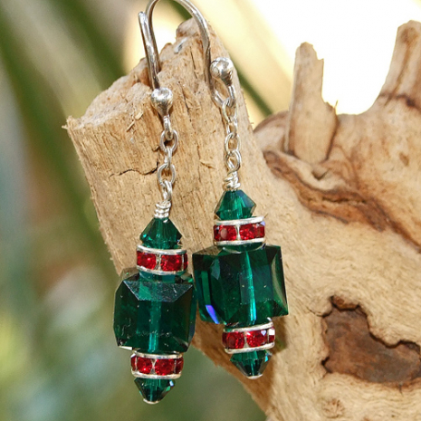 swarovski crystal christmas earrings in green and red