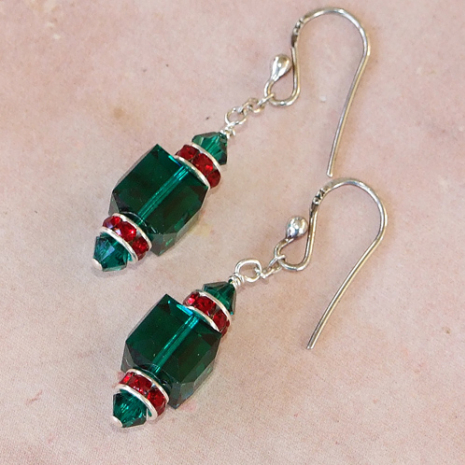 sparkling green and red crystal earrings for christmas