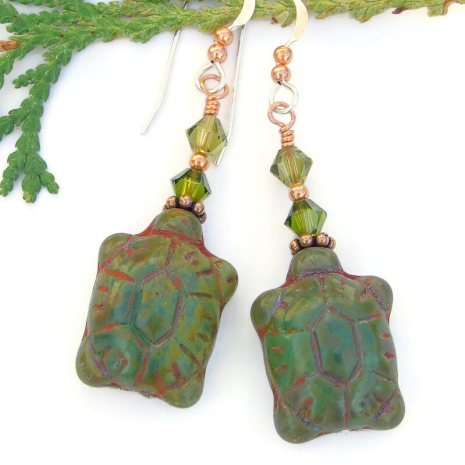 green glass turtles earrings olivine swarovski crystals copper