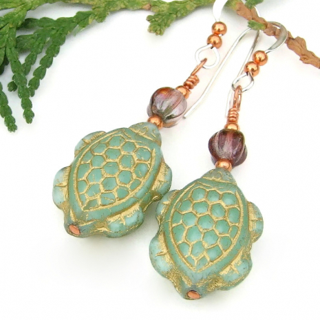 green gold handmade sea turtle earrings czech glass purple