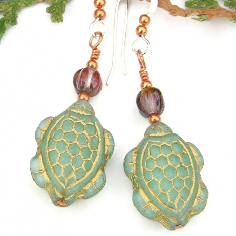green gold handmade sea turtle jewelry czech glass purple