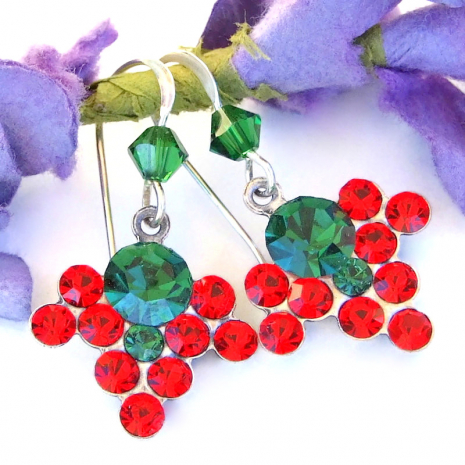 green red vintage crystal earrings handmade Christmas holidays jewelry