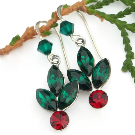 green red vintage crystal jewelry holly berry Christmas  handmade earrings