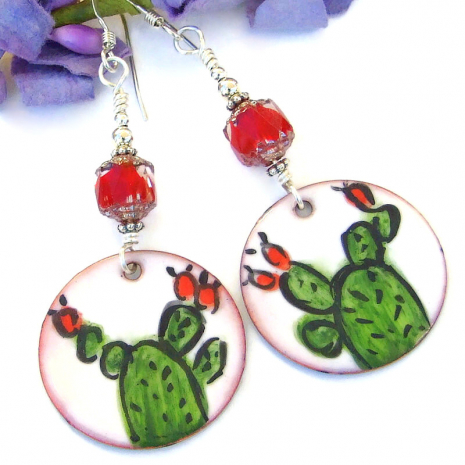 green red white handmade cactus earrings Southwest enamel jewelry