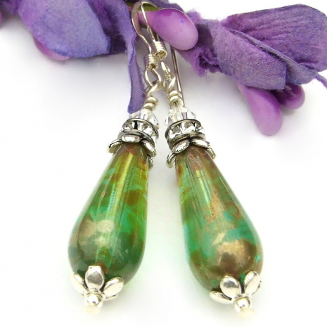 green silver teardrop earrings czech glass swarovski crystals