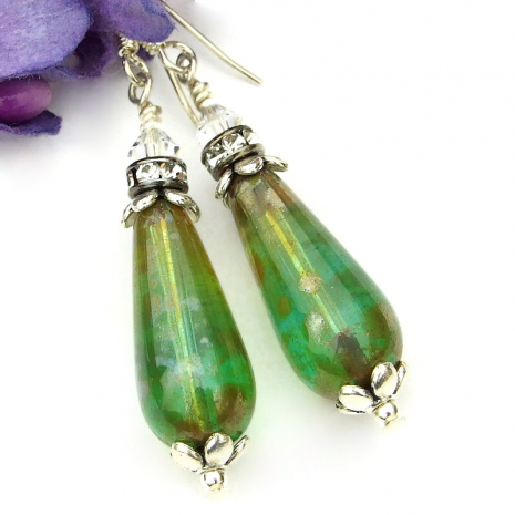 green silver teardrop jewelry czech glass swarovski crystals